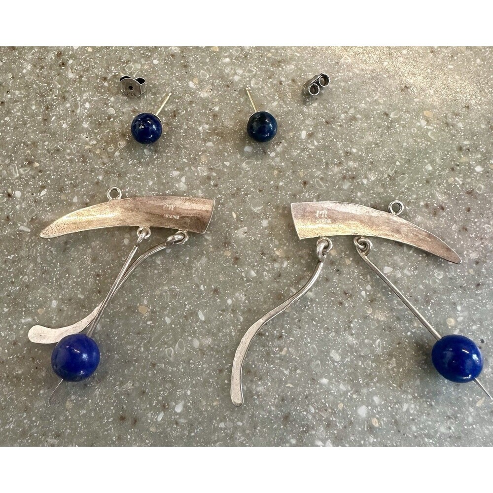 Stamped Peggy Robinson VTG Sterling 925 Lapis Dangle Earrings Detach Posts - Picture 3 of 8